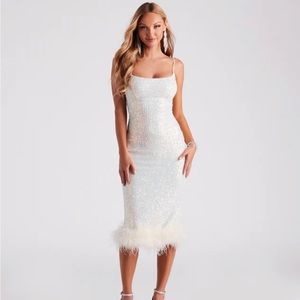 Formal Sequin Feather Midi Dress
